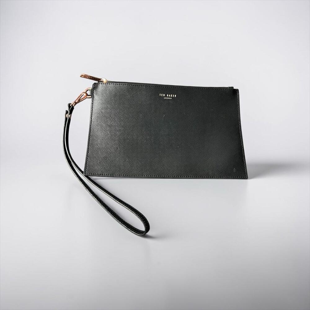 Ted Baker London black leather clutch featuring rose gold hardware